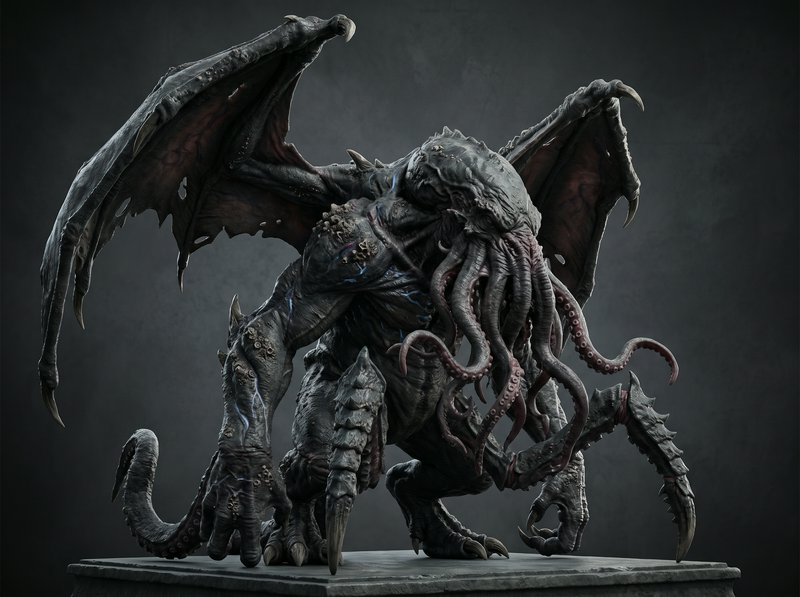 Detailed Cthulhu monster statue with tattered bat wings and tentacle face crouched on a stone pedestal against a dark stud...