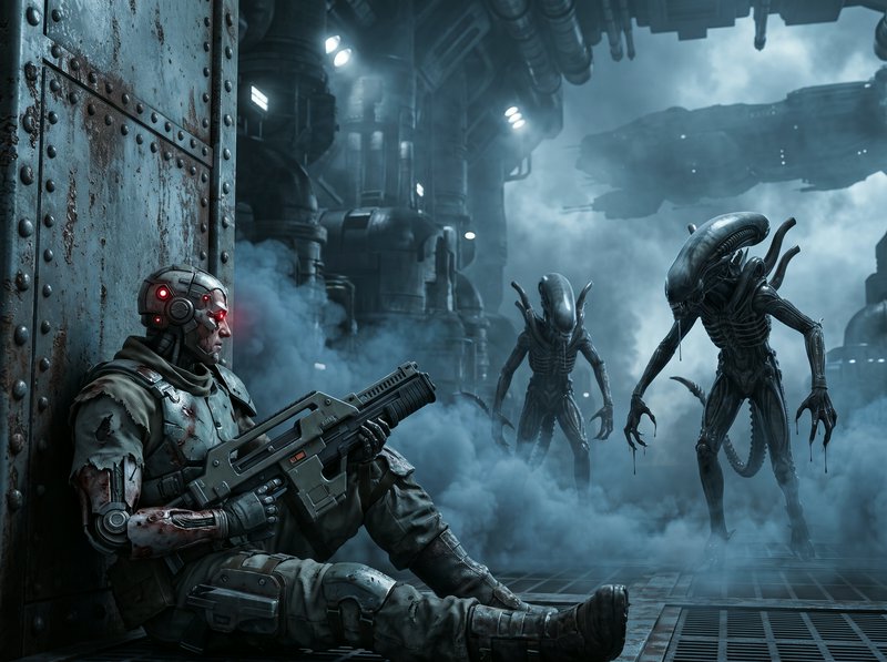 [Wounded cybernetic space soldier with a rifle cornered by menacing xenomorph aliens in a foggy industrial spaceship corri...