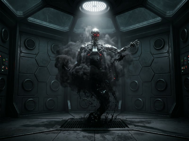 Skeletal chrome terminator robot with glowing red eyes emerges from dark smoke inside a futuristic metal spacecraft contai...