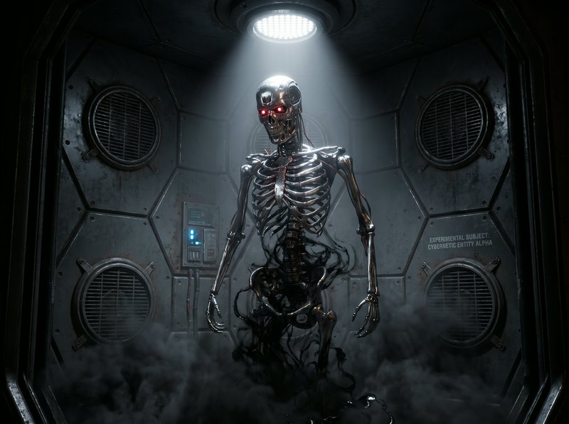 [Chrome skeletal cyborg with glowing red eyes stands in a misty futuristic containment pod under a bright overhead spotlight]