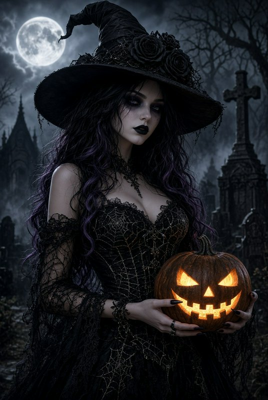 Gothic witch in ornate black rose hat holding glowing jack-o-lantern in foggy moonlit graveyard