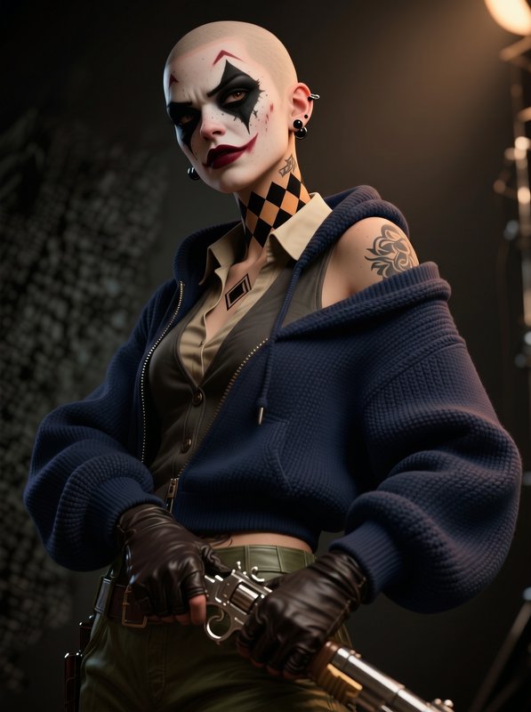 Fierce bald female harlequin clown character holding a revolver, dramatic lit 3D studio portrait