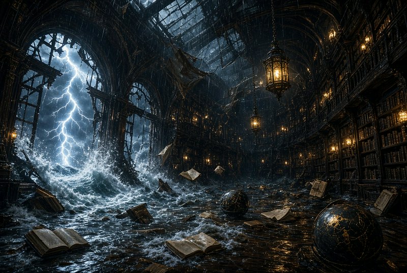 Flooded ruined gothic library as an ocean storm surges through broken arches, lightning illuminates floating books and