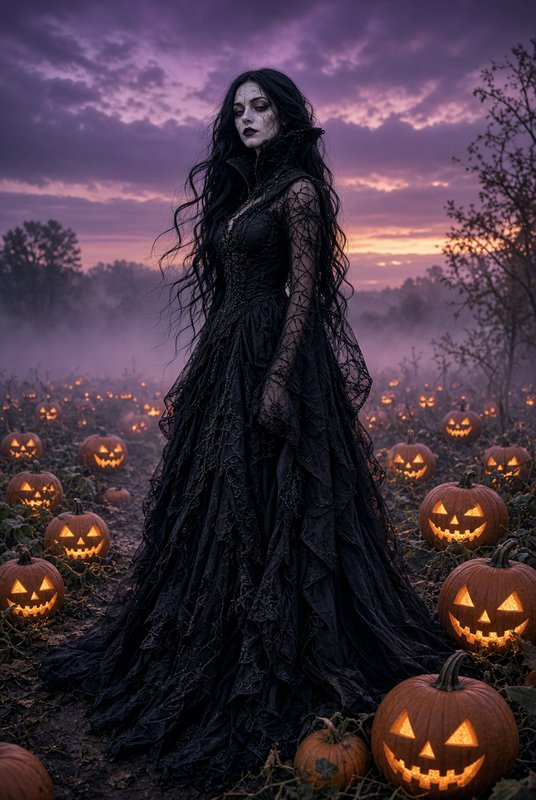 Gothic woman in a black lace gown stands in a misty glowing jack-o'-lantern pumpkin field at purple twilight.