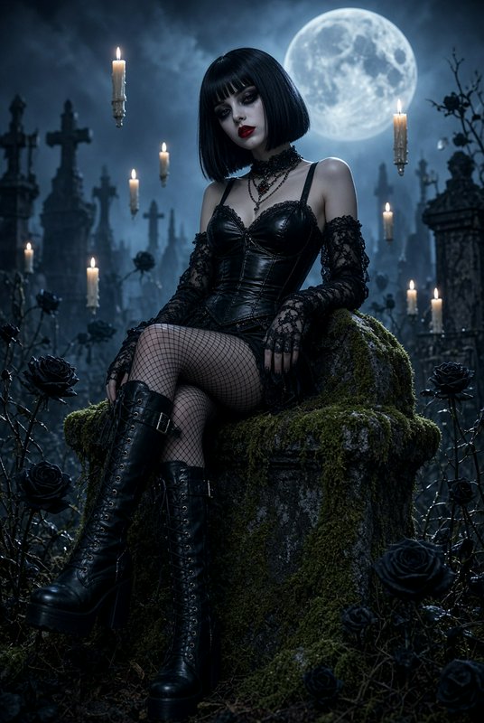 Gothic woman in a black corset sits on a mossy gravestone in a moonlit cemetery, surrounded by floating candles and