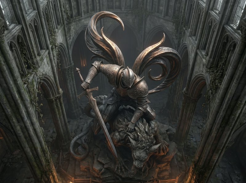 High angle shot of ornate armored knight statue pinning a horned beast inside a crumbling gothic cathedral