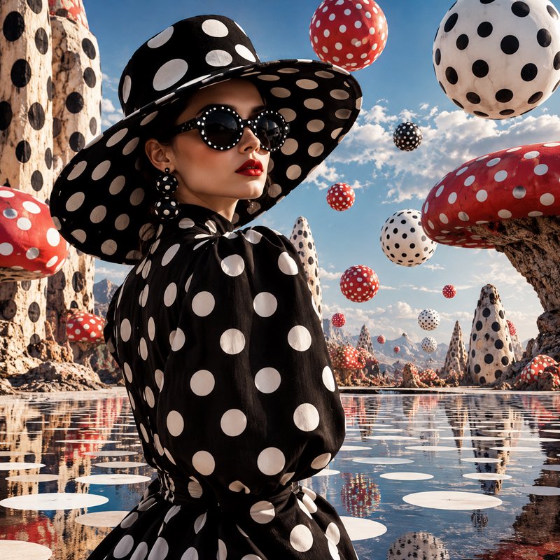 Elegant woman in matching polka dot hat, dress and sunglasses stands in a surreal dotted fantasy landscape with