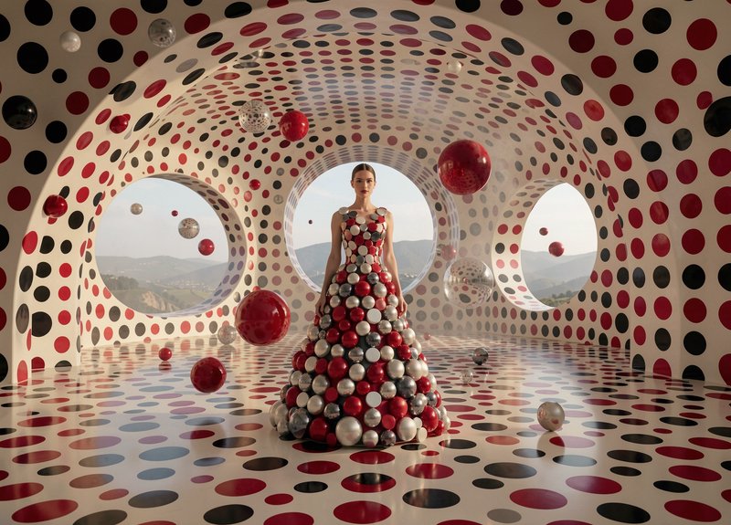 Model in a sphere-constructed gown stands inside a surreal polka dot tunnel with floating reflective red and silver spheres.