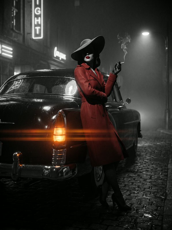 Noir femme fatale in red trench coat leans on vintage sedan on foggy rainy night city street holding a lit cigarette
