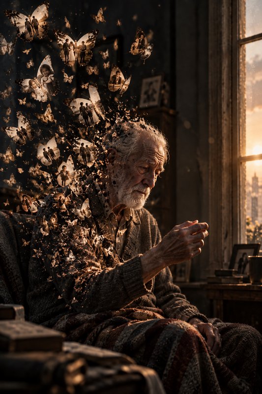 Surreal portrait of an elderly bearded man dissolving into golden memory butterflies, seated by a...
