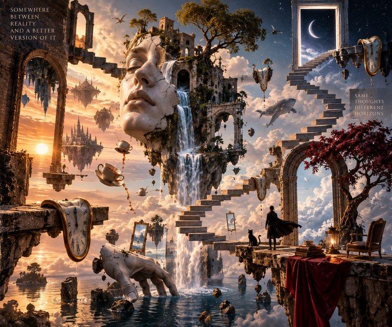 Surreal dreamscape with floating islands, stone face waterfall, floating staircases, and melting surrealist clocks at