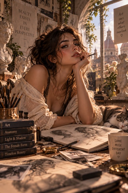 Pensive young female artist rests her chin on her hand, holding a paintbrush in a sunlit Florence art studio with her