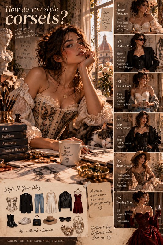 Corset fashion styling guide infographic, featuring 6 outfit ideas and main portrait of a woman in a vintage lace corset