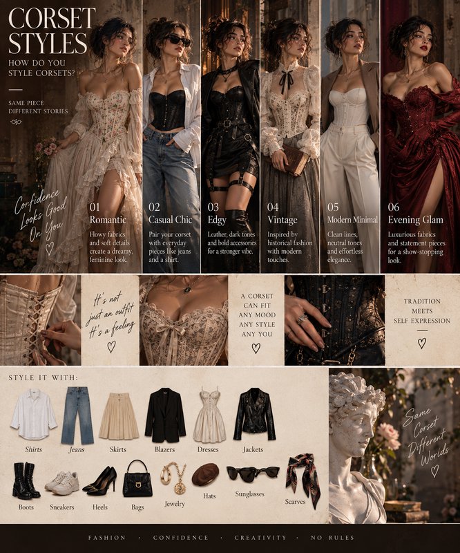 Corset fashion style guide infographic displaying 6 versatile outfit ideas for styling corsets across different aesthetics.