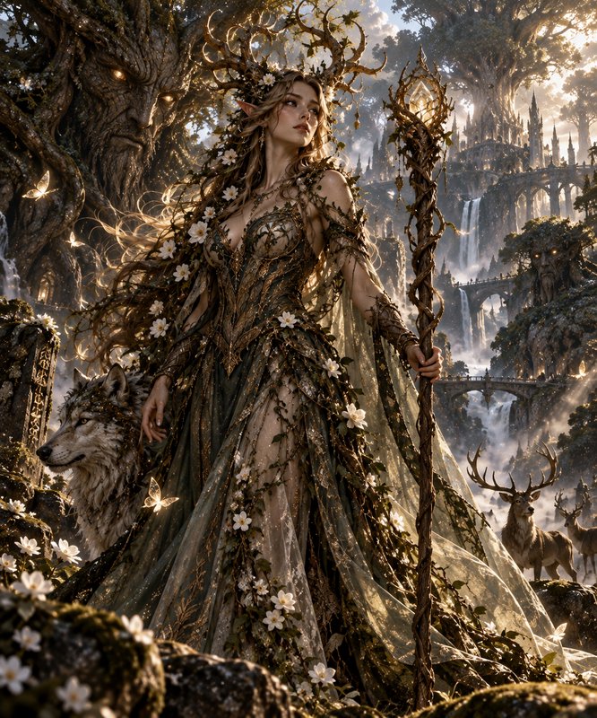 Elven forest queen with antler crown, magical staff, and wolf companion stands in an enchanted fantasy woodland kingdom