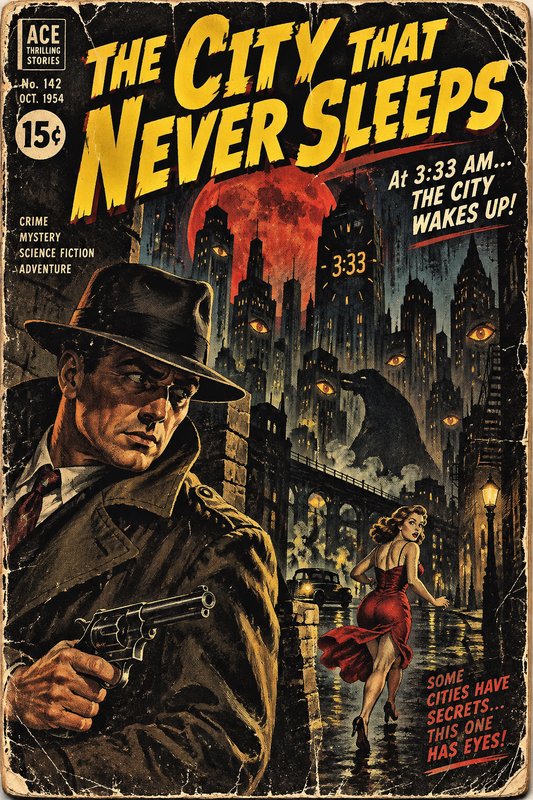 Worn 1954 pulp comic cover for "The City That Never Sleeps" shows a trench-coat detective with a revolver and fleeing