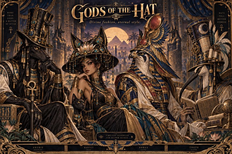 Fantasy "Gods of the Hat" illustration showing top hat-wearing Egyptian deities Anubis, Bastet, Horus, Thoth against a