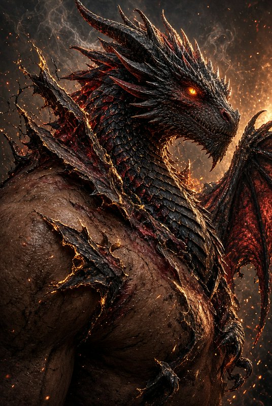Menacing spiked dark fantasy dragon with glowing orange eyes, crackling molten gold, swirling fiery embers in the background