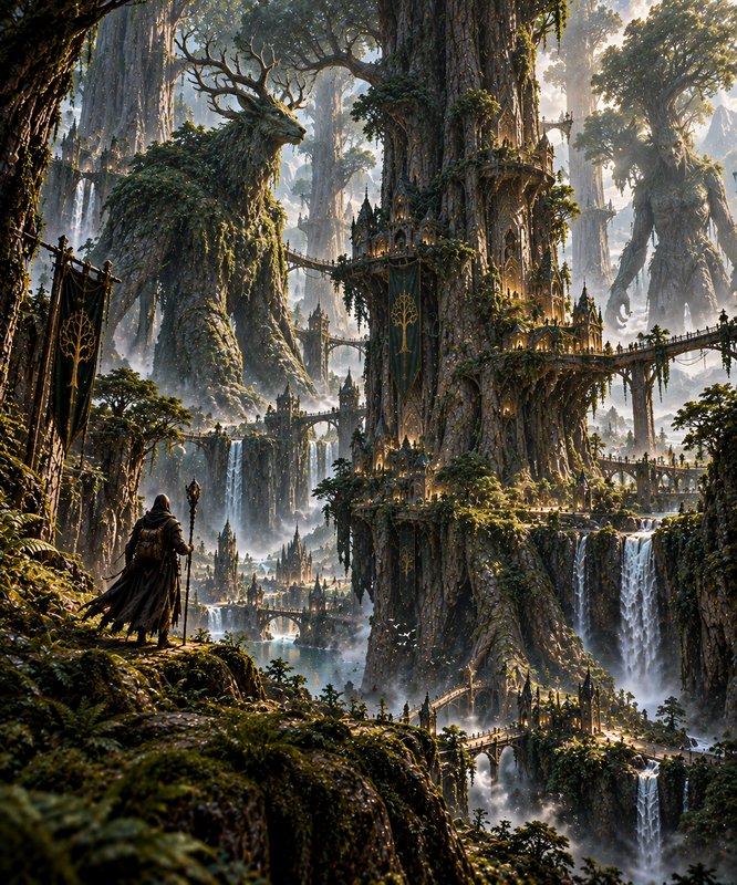 Hooded wizard gazes at sprawling elven tree city, colossal forest guardians, and cascading waterf...