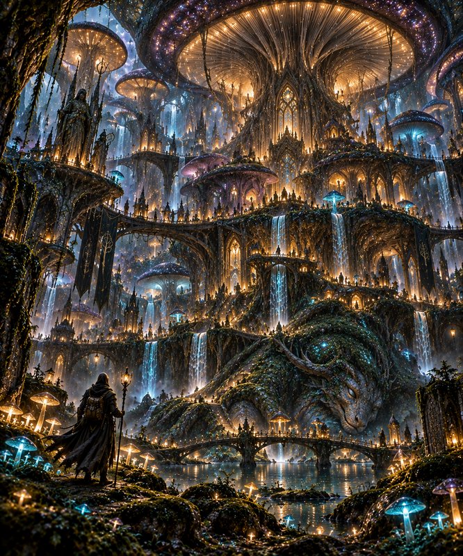 Hooded robed traveler stands before a massive glowing elven fantasy city built around giant mushr...