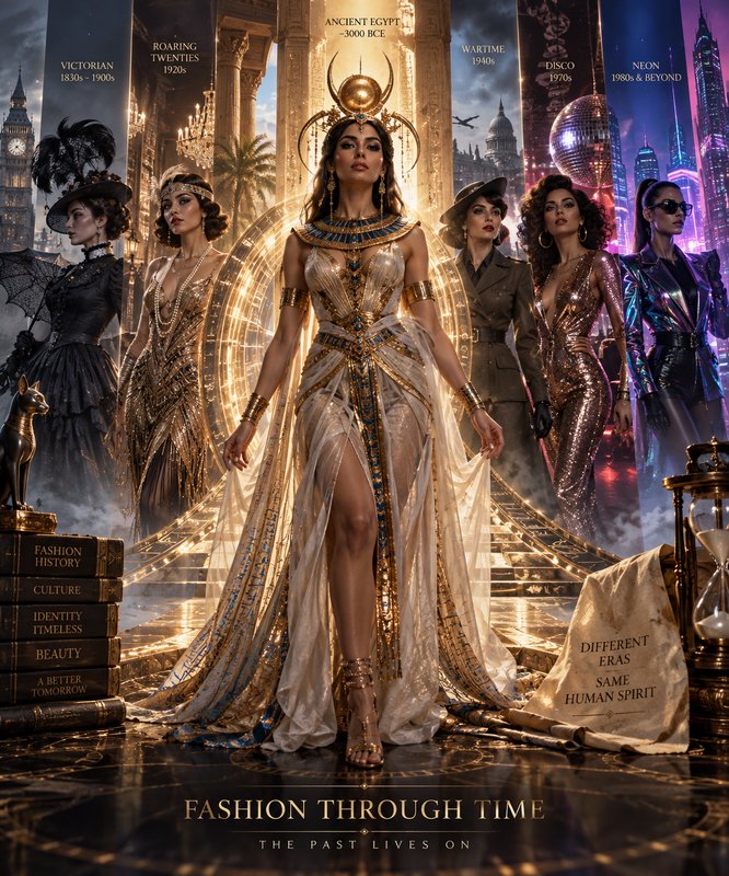 Fashion Through Time concept art, centered on a regal Ancient Egyptian woman flanked by figures f...