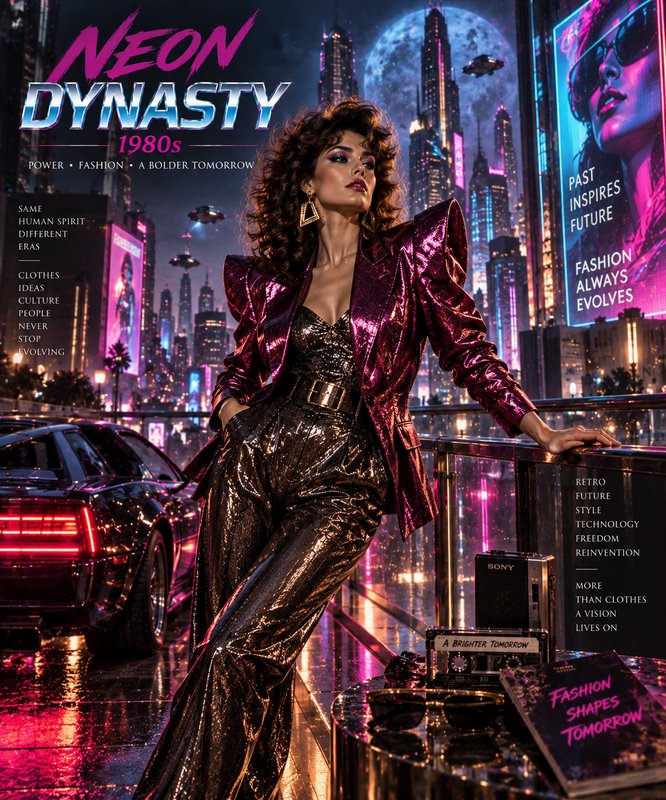 "Neon Dynasty 1980s" retro-futurism magazine cover featuring a glamorous 80s fashion model overlo...