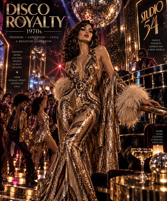 Glamorous woman in a gold sequin gown poses under a disco ball at a 1970s Studio 54 themed disco ...