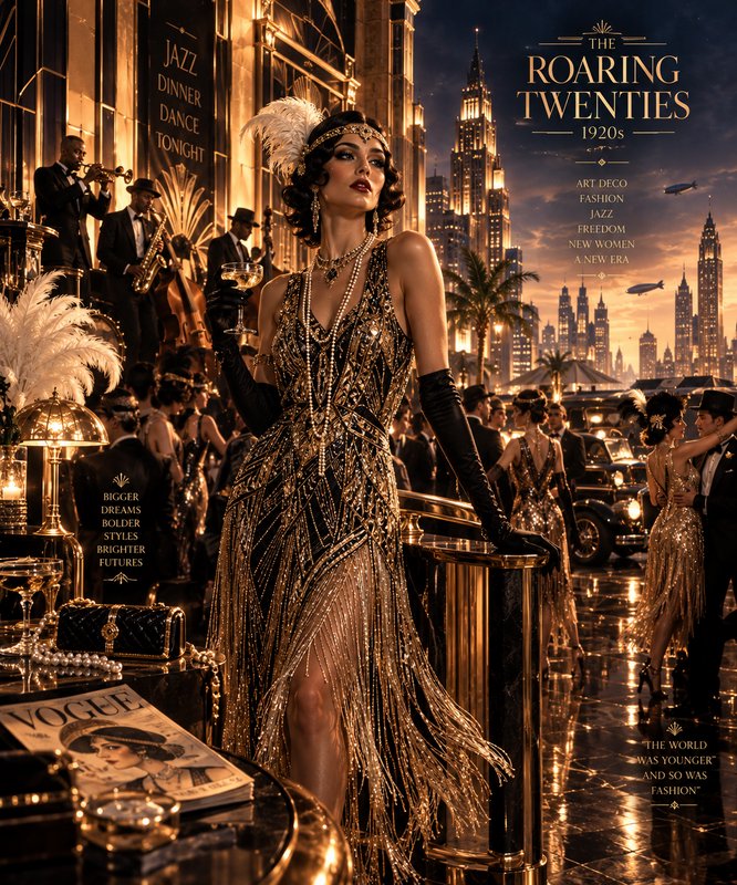 Elegant 1920s flapper in beaded fringe gown stands at a glamorous Roaring Twenties jazz party, ar...
