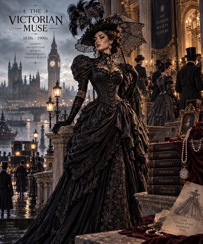 Elegant Victorian woman in ornate black lace gown with feathered hat, London skyline, The Victori...