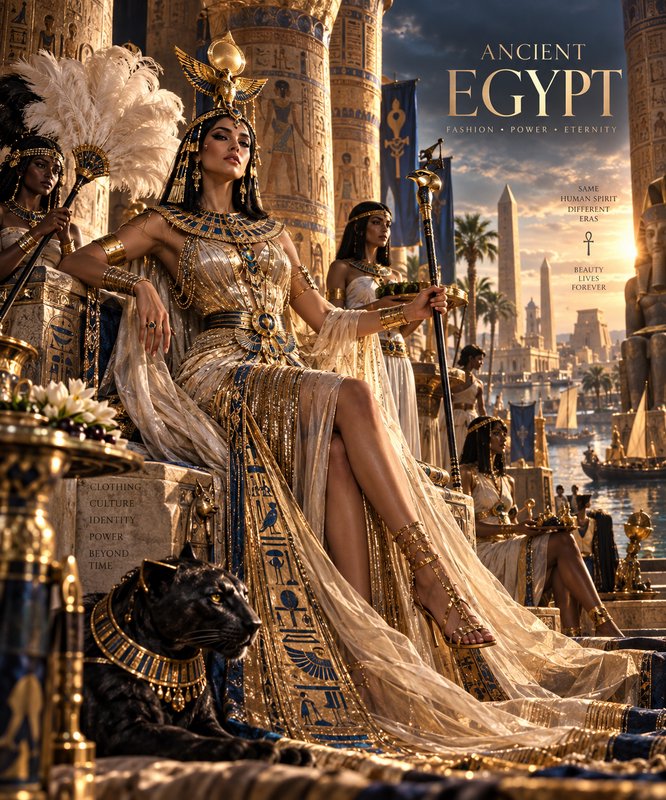 Regal ancient Egyptian queen seated on an ornate throne, with attendants, ceremonial black panthe...
