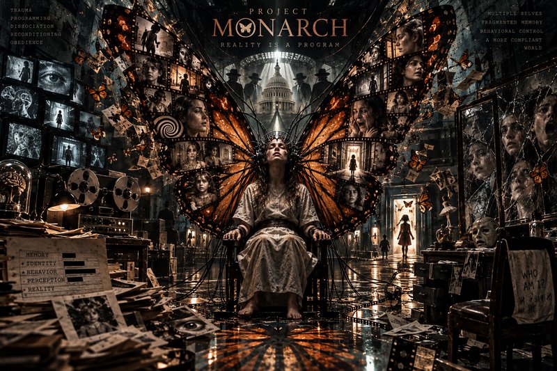 Project Monarch surreal poster: Seated restrained woman with film-strip monarch butterfly wings i...
