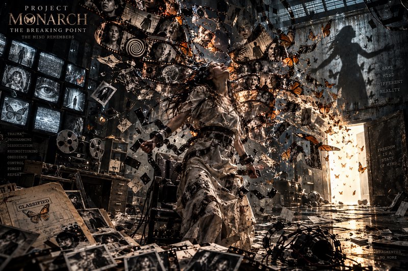 Surreal Project Monarch promotional art of a woman breaking free as swirling memories and monarch...
