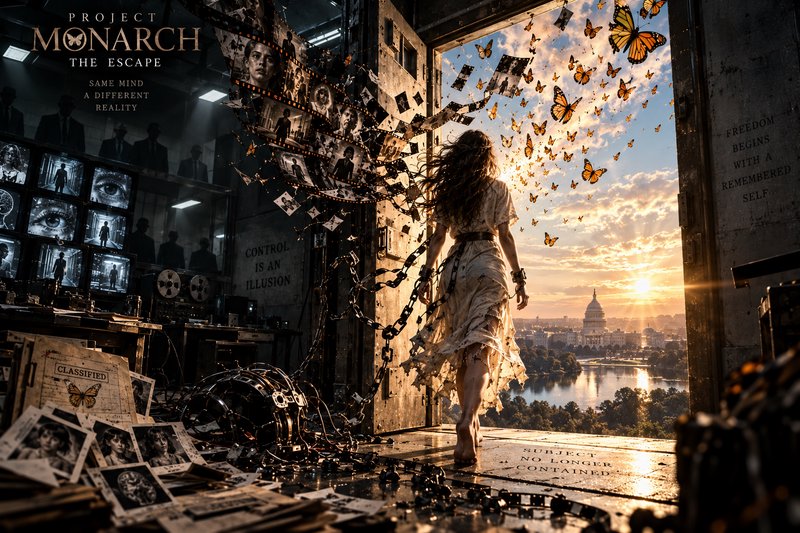 Project Monarch The Escape poster: chained woman walks from a dark surveillance lab toward sunset...
