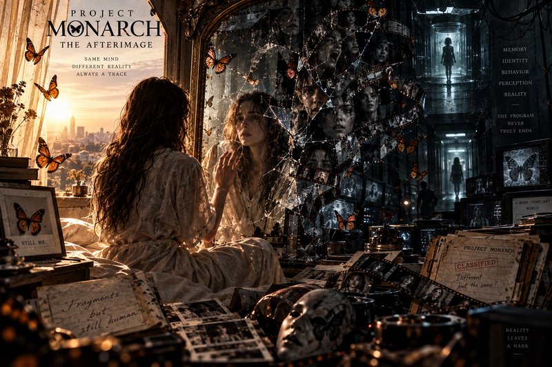 Project Monarch The Afterimage sci-fi poster, woman facing cracked mirror surrounded by monarch b...