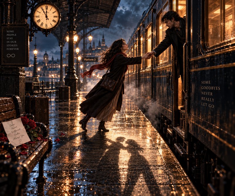 Woman reaches to hold a man's hand from a vintage train on a rain-soaked evening train station pl...