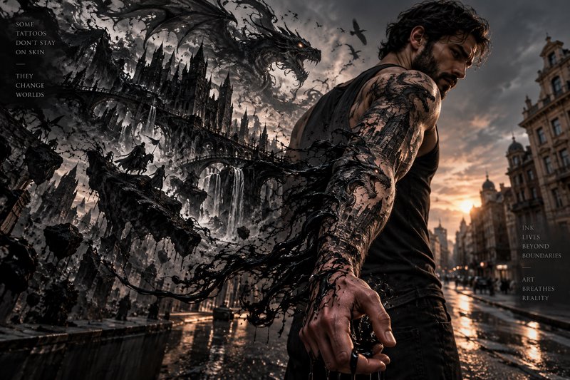 Muscular bearded man on a sunset city street, his arm tattoos spilling into a living fantasy real...