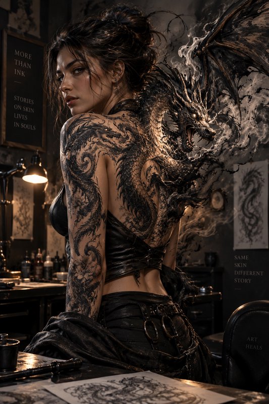 Woman with elaborate black dragon back tattoo, as a smoky mythical dragon emerges from her skin i...