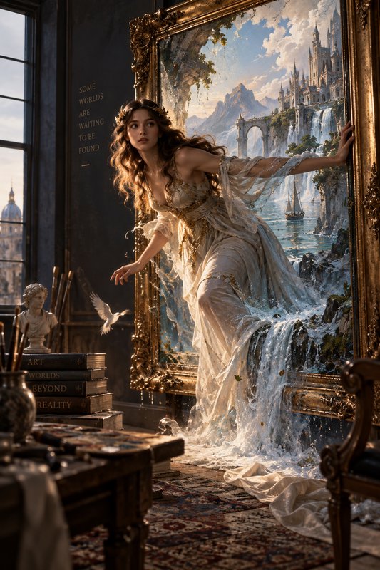 Ethereal woman steps out of an ornate gilded fantasy painting, water spilling from the artwork in...