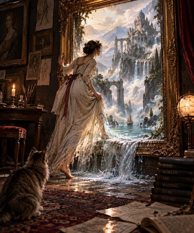 Woman stepping through a gilded magic portal frame into a fantasy castle world, watched by a tabb...