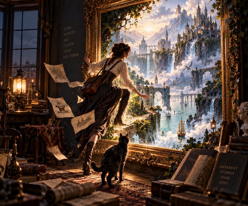 Adventurous woman steps through a gilded painting portal into a fantasy castle realm, followed by...