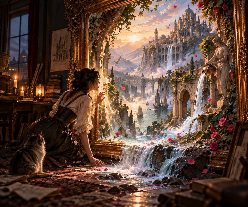 Woman and tabby cat kneel reaching into an overflowing magical painting portal leading to a sunli...