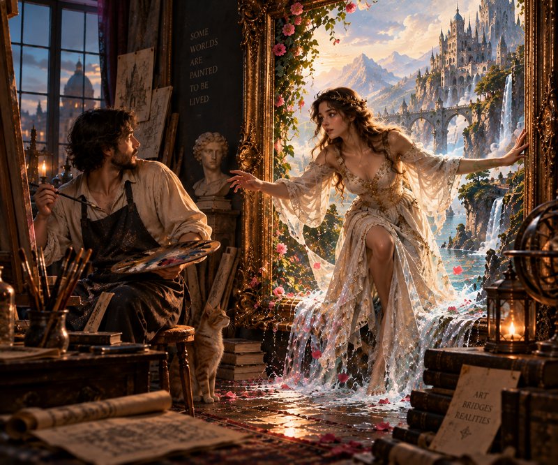 Surreal fantasy scene of a painter staring astonished as an ethereal gowned woman steps from a ma...