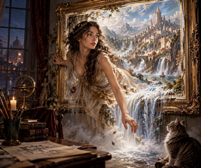 Ethereal fantasy woman emerges from a gilded framed castle landscape painting, reaching for a cur...