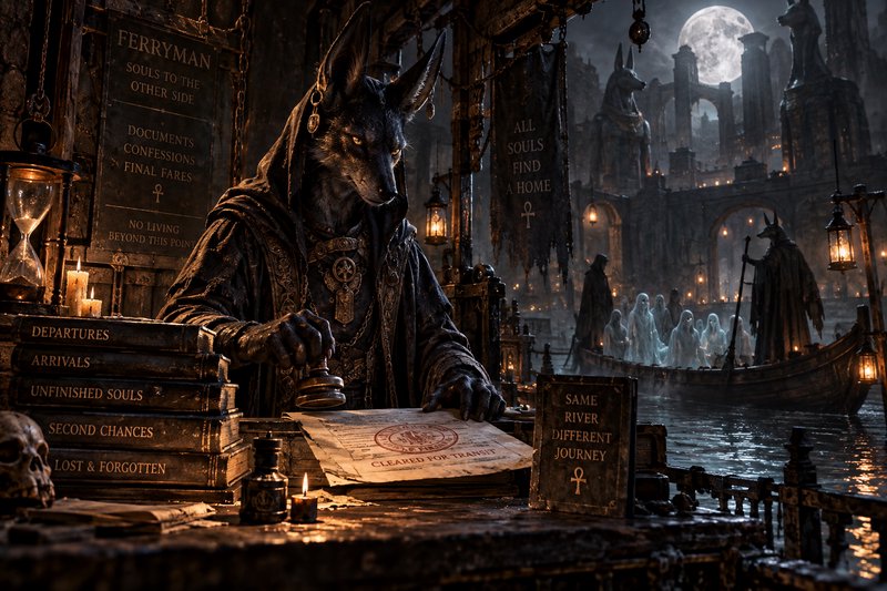 Anthropomorphic jackal Anubis ferryman stamps soul transit papers at an afterlife dock, as ghostl...