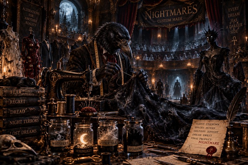 Anthropomorphic raven tailor sews haunted nightmare fabric in a candlelit gothic theatre workshop
