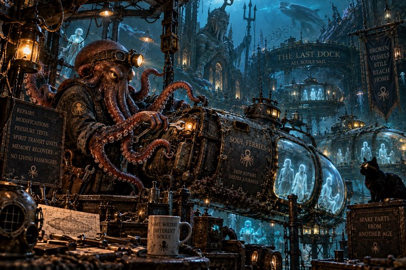 Steampunk octopus mechanic repairs a soul ferry submarine at a fantastical underwater ghost dock,...