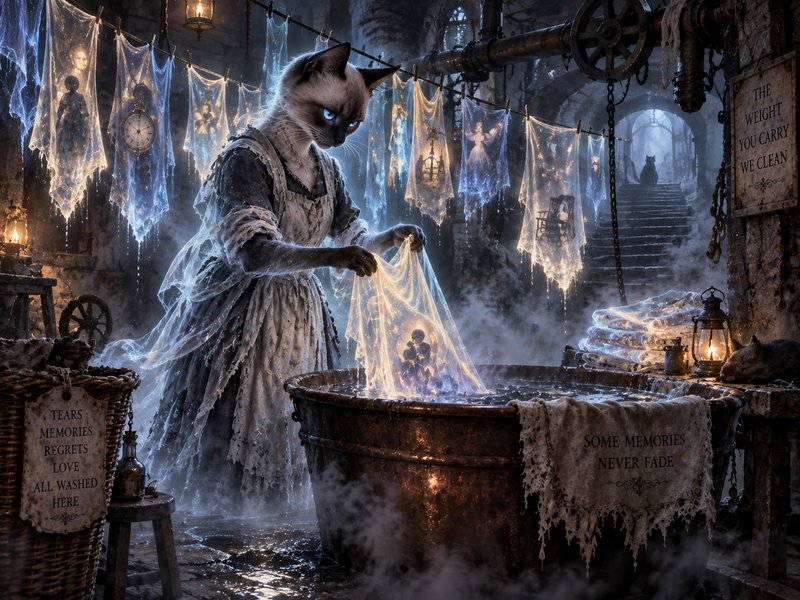 Ghostly anthropomorphic Siamese cat laundress washes glowing memory fabric in a misty supernatura...