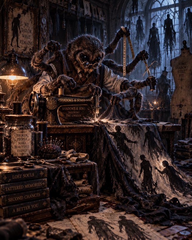 Multi-armed furry spider tailor creature sewing ethereal ghost fabric in a dim eerie gothic tailo...