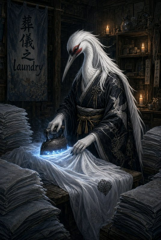 Anthropomorphic crane spirit in embroidered kimono ironing glowing linen in dim candlelit funeral...