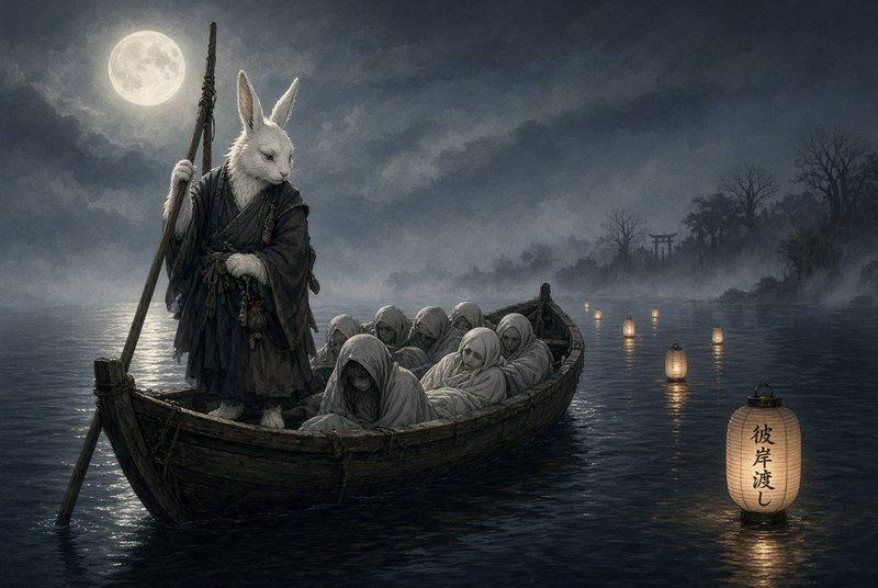 Anthropomorphic white rabbit ferryman rows a wooden boat of hooded spirits across a misty moonlit...